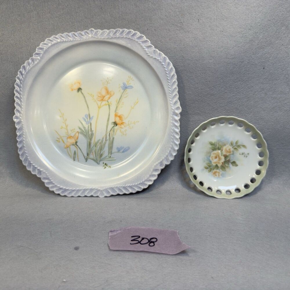 Vintage Hand Painted Porcelain Plates Floral‎ Wildflower Iridescent Lustre Glaze
